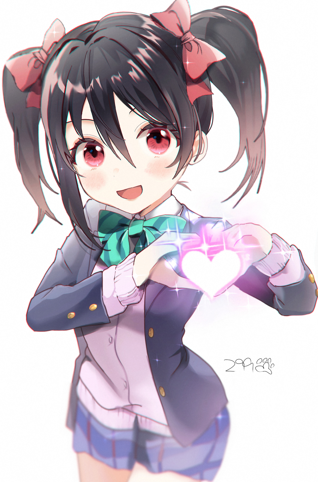299 (horisso), yazawa nico, love live!, love live! school idol project, highres, 1girl, black hair, blazer, blue skirt, blush, bow, bowtie, cardigan, cowboy shot, diagonal-striped bow, diagonal-striped bowtie, diagonal-striped clothes, green bow, green bowtie, hair between eyes, hair bow, heart, heart hands, jacket, long sleeves, looking at viewer, multiple hair bows, open clothes, open jacket, open mouth, otonokizaka school uniform, pink cardigan, red bow, red eyes, school uniform, simple background, skirt, smile, solo, standing, striped bow, striped bowtie, striped clothes, twintails, white background, winter uniform