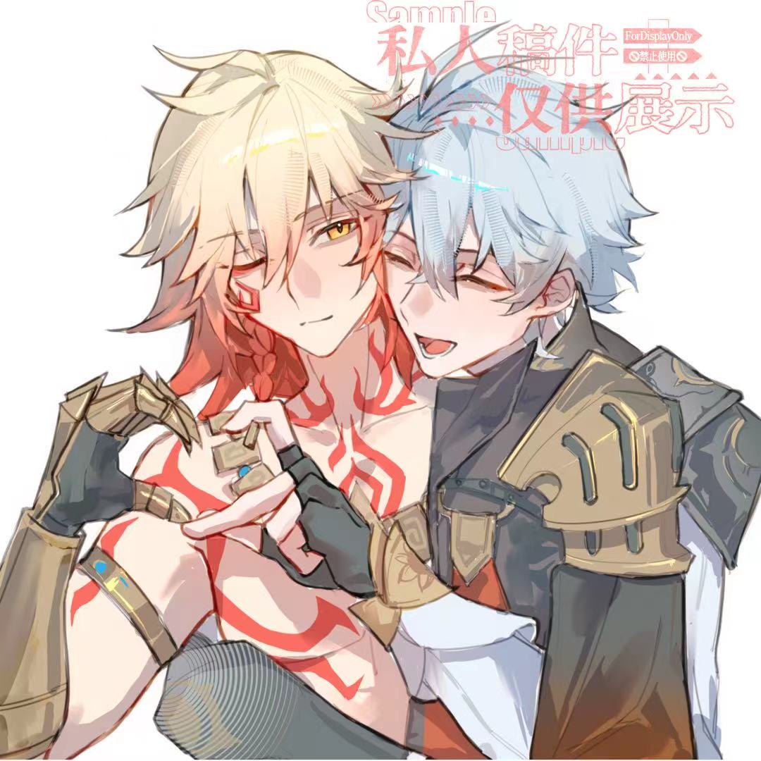 mydei (honkai: star rail), phainon (honkai: star rail), honkai: star rail, honkai (series), 2boys, armor, black gloves, chaoyinxing, closed mouth, coat, fingerless gloves, gloves, grey hair, heart, heart hands, lower teeth only, male focus, medium hair, multiple boys, one eye closed, open mouth, orange hair, pauldrons, red tattoo, sample watermark, short hair, shoulder armor, simple background, single pauldron, smile, teeth, watermark, white background, white coat, yaoi, yellow eyes