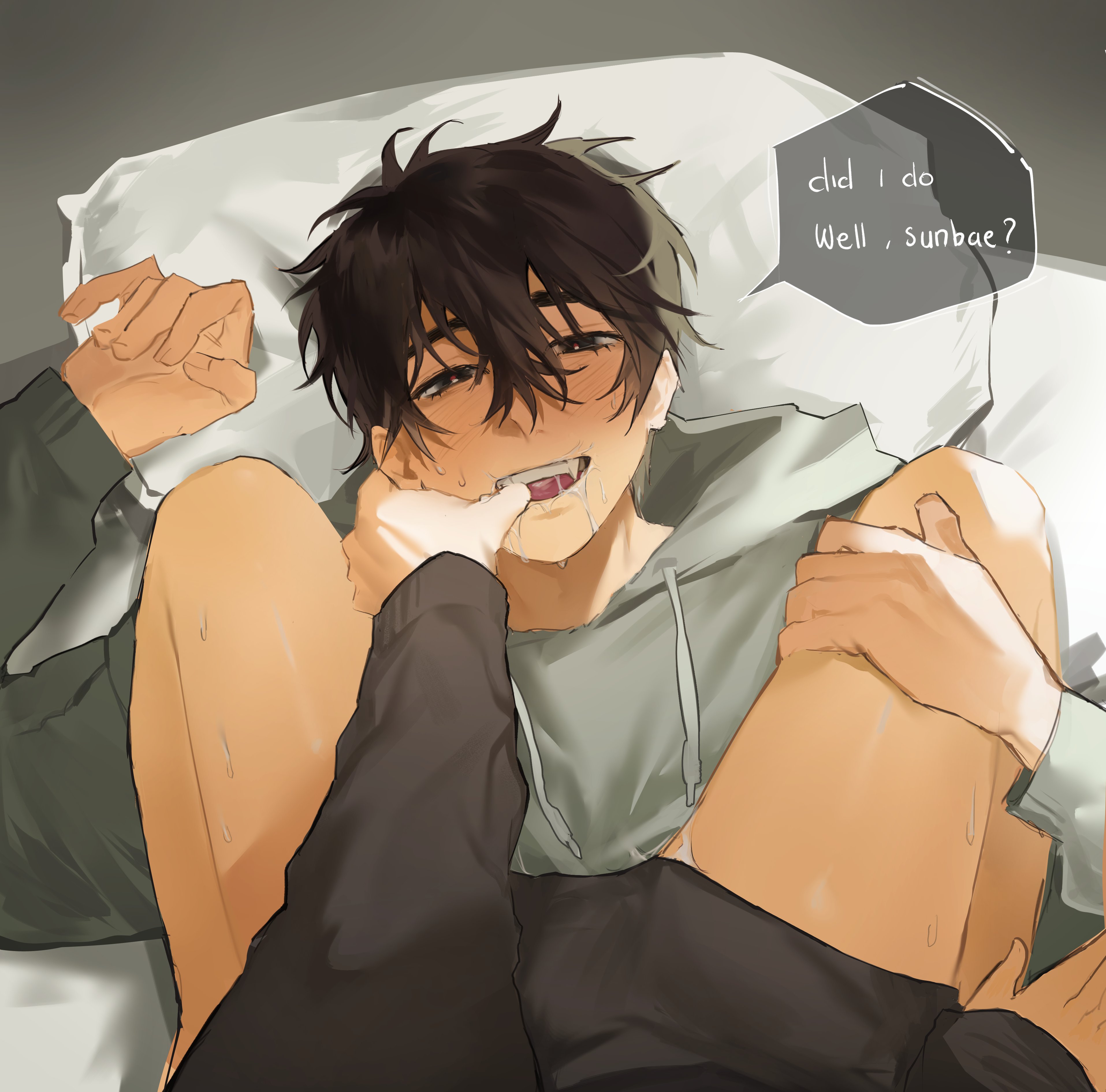 chhip, ivan (alien stage), till (alien stage), alien stage, absurdres, commentary, hashtag-only commentary, highres, 2boys, arm up, black eyes, black hair, black shirt, blush, drawstring, drooling, finger in another's mouth, grey hoodie, hair between eyes, hand on another's leg, hood, hood down, hoodie, long sleeves, looking at another, lying, male focus, multiple boys, on back, pillow, saliva, shirt, sleeves past wrists, smile, speech bubble, straddling, teeth, tongue, upper body, upper teeth only, yaoi