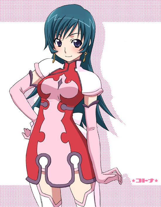 kuroo (project apricot), kotona elegance, zoids, zoids genesis, 00s, 1girl, blue hair, character name, dress, earrings, elbow gloves, female focus, gloves, hand on own hip, jewelry, long hair, musical note, pink gloves, purple eyes, quaver, smile, solo, thighhighs