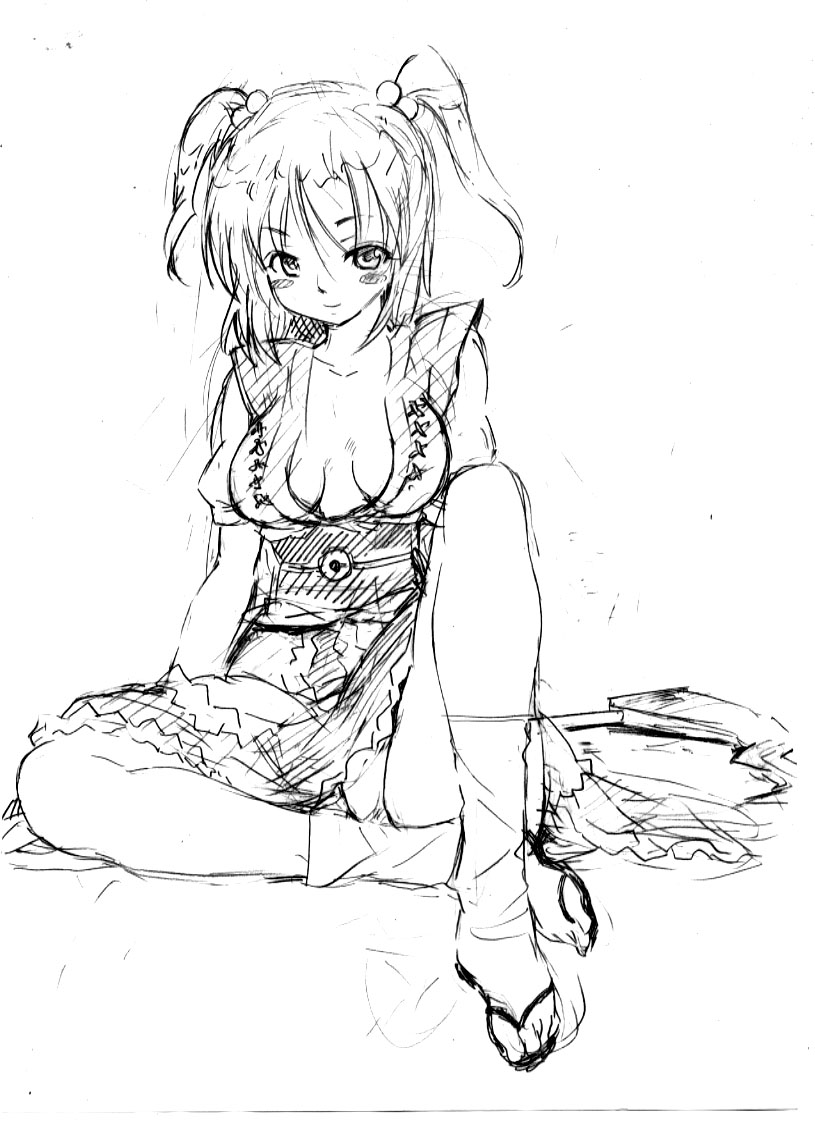 fujiwara shun'ichi, onozuka komachi, touhou, 1girl, blush stickers, breasts, female focus, greyscale, large breasts, monochrome, sandals, short hair, short twintails, simple background, sitting, solo, twintails, two side up, white background, zouri