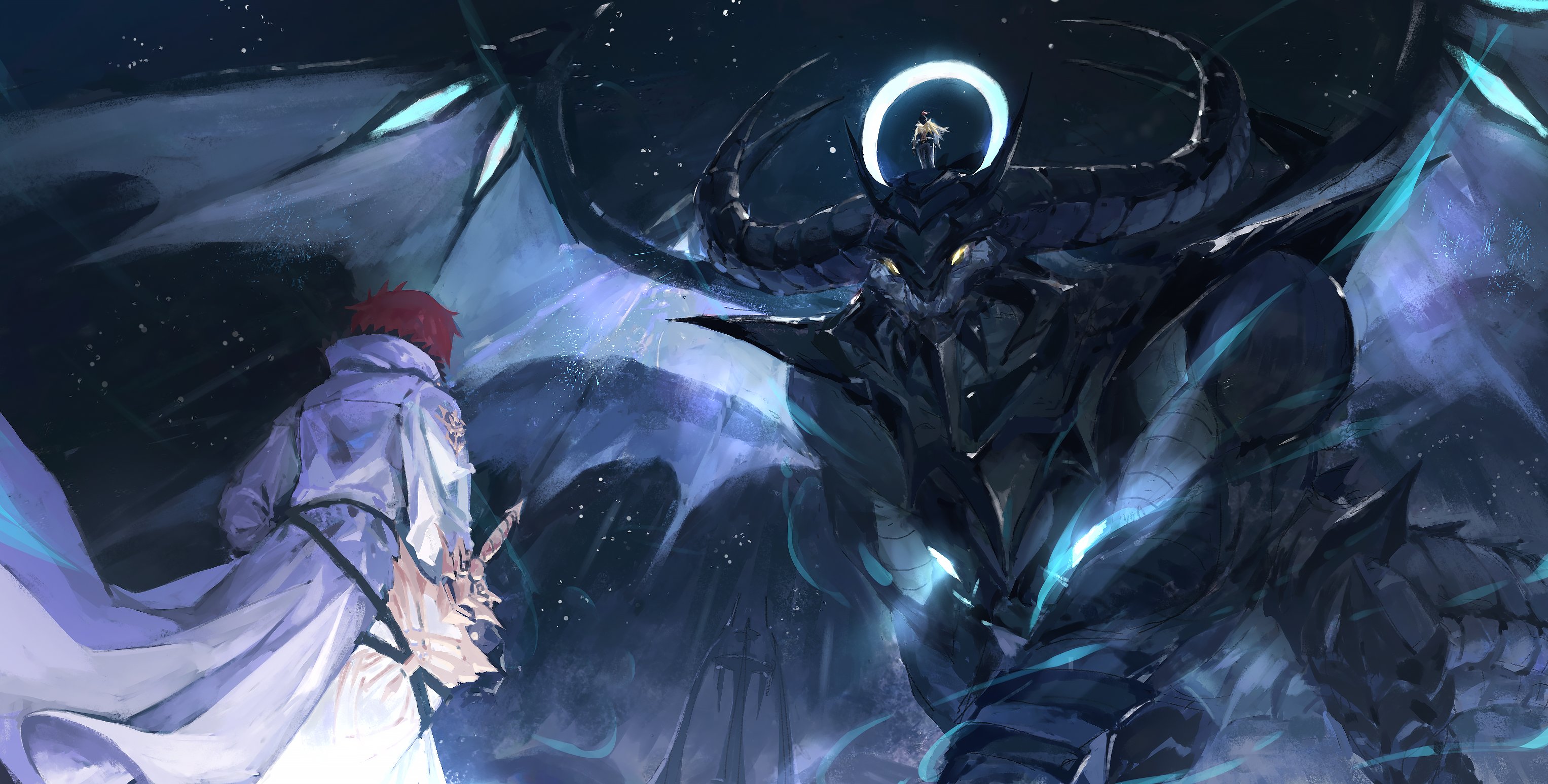 ro ka ro ka, aldebaran (re:zero), reinhard van astrea, volcanica (re:zero), re:zero kara hajimeru isekai seikatsu, highres, 2boys, armor, cape, dragon, fantasy, glowing, glowing eyes, halo, horns, knight, looking up, multiple boys, night, night sky, red hair, short hair, size difference, sky, star (sky), sword, weapon, white cape, wings