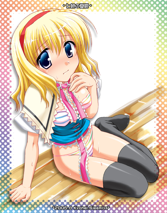 shigemiya kyouhei, alice margatroid, touhou, 1girl, arm support, black thighhighs, blonde hair, blue eyes, blush, bra, breast suppress, breasts, capelet, dutch angle, embarrassed, female focus, frown, hairband, lingerie, looking at viewer, necktie, no pants, nose blush, panties, sash, shiny clothes, shiny skin, sitting, solo, striped clothes, striped panties, sweat, thighhighs, underwear, wavy mouth, white panties, wooden floor, yokozuwari