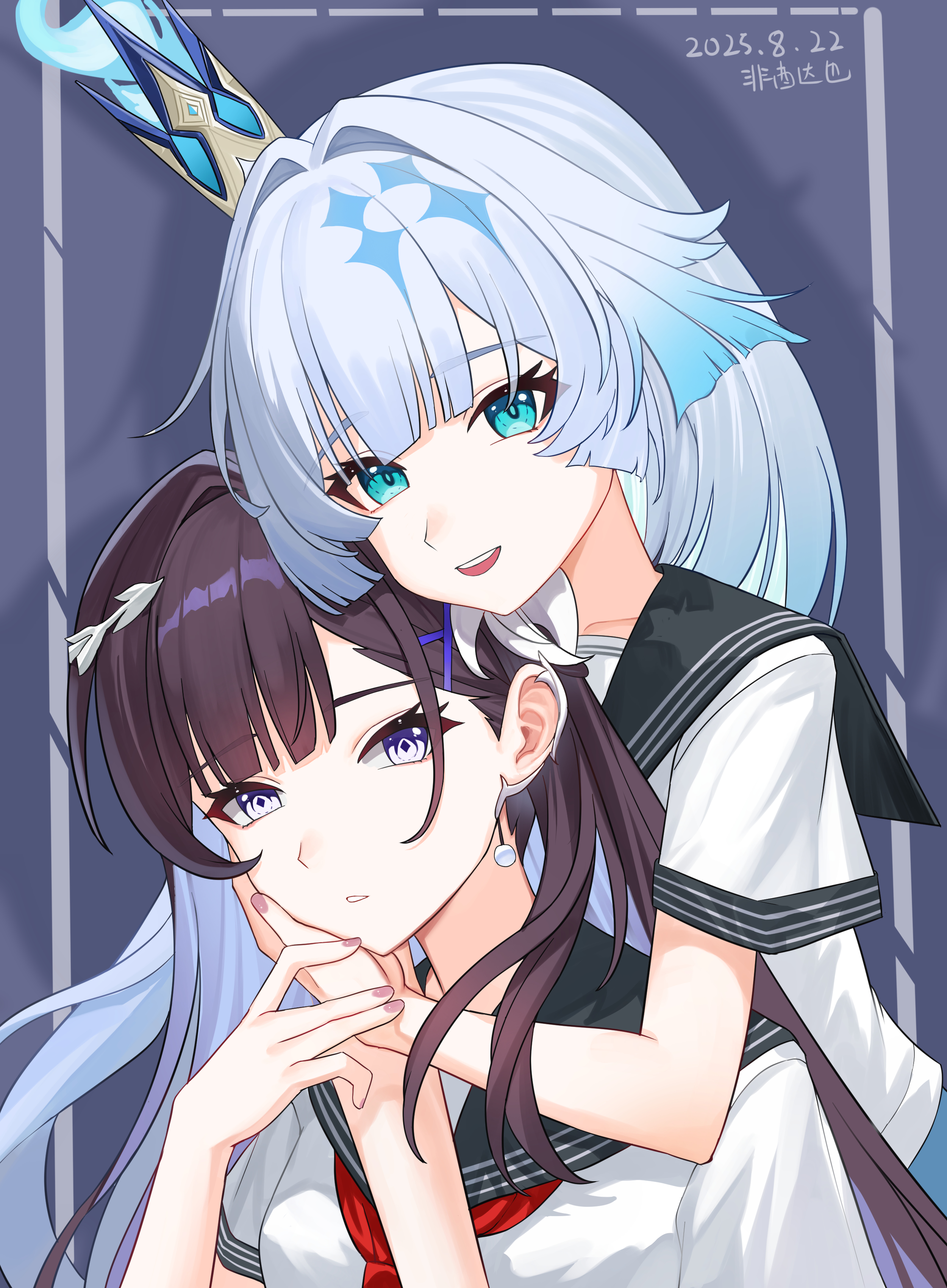lao xi, cerydra (honkai: star rail), hysilens (honkai: star rail), honkai: star rail, honkai (series), absurdres, highres, 2girls, alternate costume, black hair, black sailor collar, blue eyes, blue hair, breasts, closed mouth, colored inner hair, crown, dated, earrings, hair intakes, hand on another's cheek, hand on another's face, jewelry, long hair, multicolored hair, multiple girls, parted lips, purple background, sailor collar, school uniform, serafuku, two-tone hair, very long hair, white serafuku, yuri