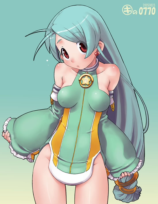 kei jiei, far-c, original, 1girl, ahoge, aqua hair, bare shoulders, breasts, covered erect nipples, detached sleeves, earrings, female focus, head tilt, jewelry, long hair, looking at viewer, medium breasts, no panties, red eyes, solo, standing, star (symbol), very long hair, wide sleeves
