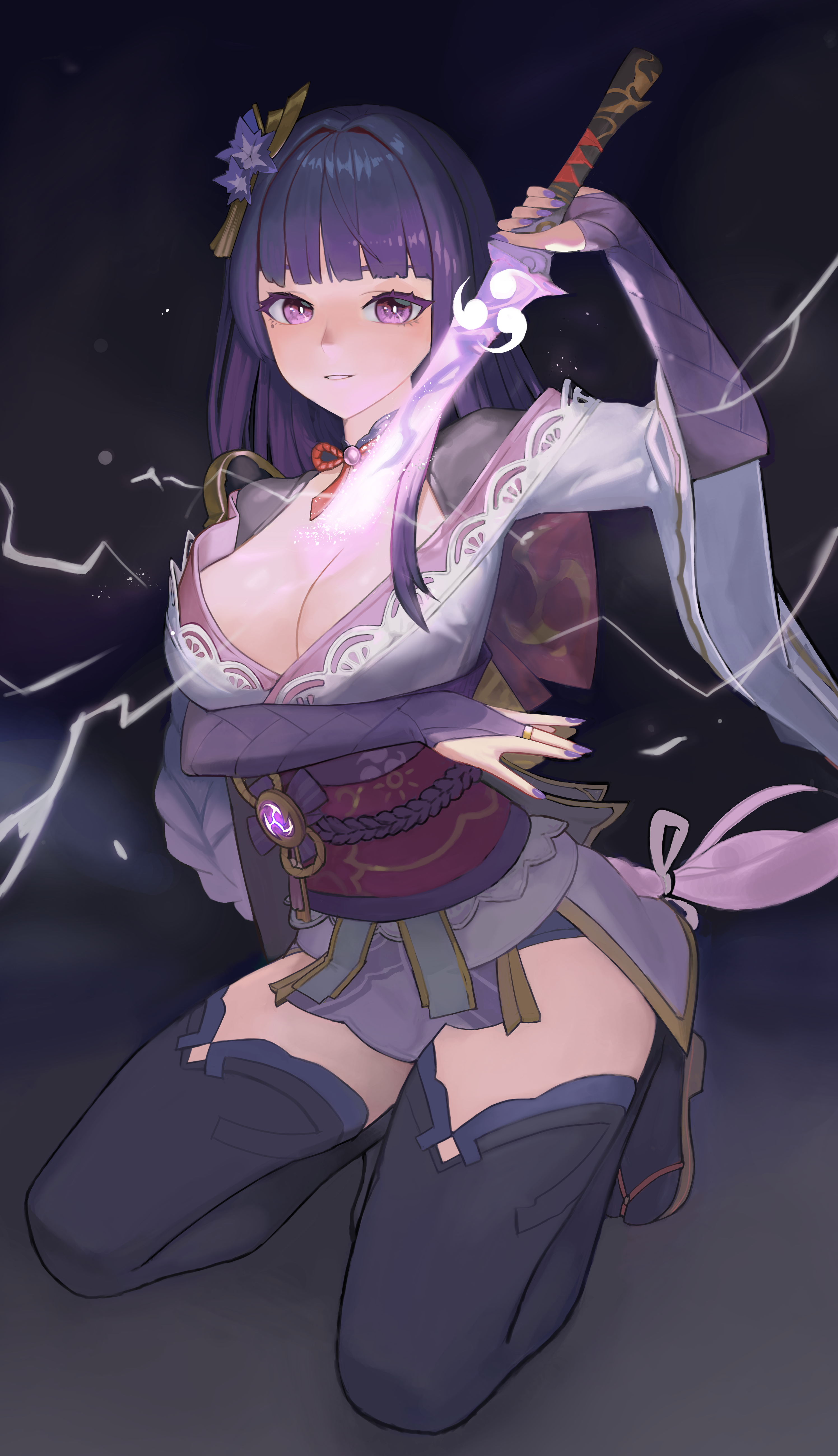 jochal, raiden shogun, genshin impact, absurdres, commentary request, highres, 1girl, arm up, armor, back bow, black thighhighs, blunt bangs, blurry, blurry background, blush, bow, braid, breasts, bridal gauntlets, cleavage, electricity, flower, flower ornament, full body, glowing, glowing weapon, gradient hair, hair intakes, hair ornament, hair ribbon, holding, holding sword, holding weapon, huge breasts, human scabbard, japanese clothes, katana, kimono, kneeling, long braid, long hair, looking at viewer, mitsudomoe (shape), mole, mole under eye, multicolored eyes, multicolored hair, musou isshin (genshin impact), neck ribbon, off shoulder, on ground, panties, parted lips, purple eyes, purple flower, purple hair, purple kimono, purple nails, purple panties, purple ribbon, red ribbon, red sash, ribbon, sash, shade, shoulder armor, single braid, solo, sword, teeth, thighhighs, thighs, tomoe (symbol), underwear, weapon