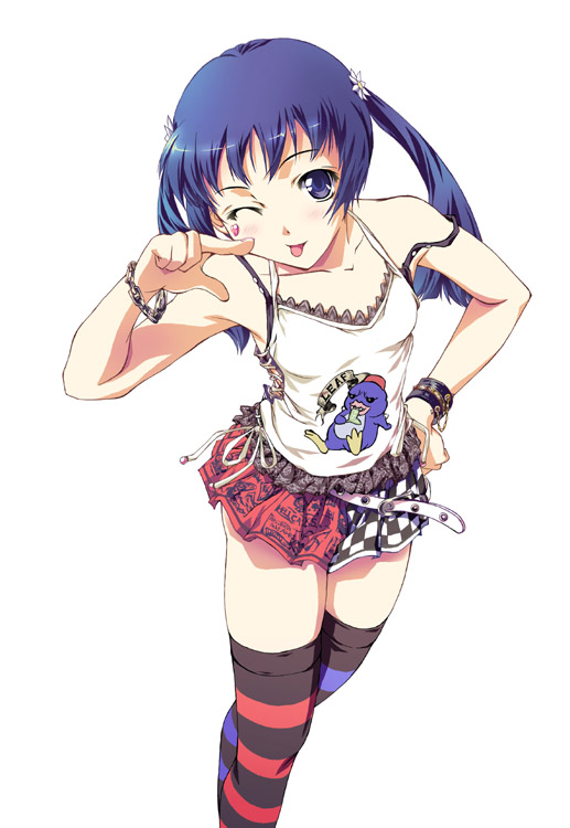mifumi takafumi, mizuki mana, yoshio (leaf), original, white album, white album (series), :p, ;p, asymmetrical legwear, bird, blue eyes, blue hair, blush, bra strap, bracelet, camisole, different socks, fashion, hair ornament, hand on own hip, hip focus, jewelry, leaning forward, long hair, miniskirt, mismatched legwear, one eye closed, penguin, skirt, solo, strap slip, striped clothes, striped thighhighs, thighhighs, tongue, tongue out, twintails, wink, zettai ryouiki