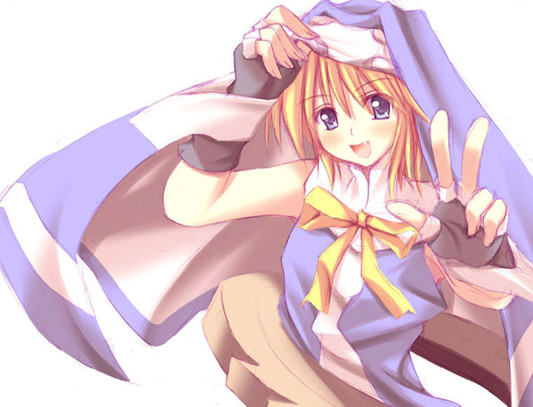 fuyuwa kotatsu, bridget (guilty gear), arc system works, guilty gear, guilty gear xx, habit, 1boy, blonde hair, blue eyes, fang, fingerless gloves, gloves, male focus, nun, solo, trap, v