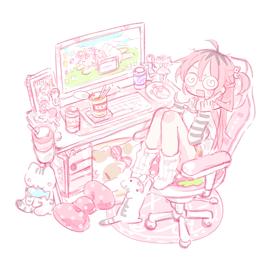 mipi (u3u 00), original, 1girl, @ @, boots, drinking straw, long hair, monochrome, open mouth, sitting, solo, yume kawaii