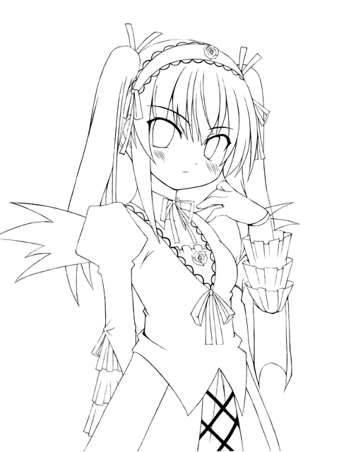 atsushima you, suigintou, rozen maiden, 00s, 1girl, blush, bow, dress, female focus, greyscale, hair bow, lineart, long hair, monochrome, simple background, solo, twintails, white background