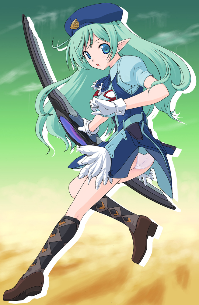 super sylph, sentou yousei shoujo tasukete mave-chan, 00s, blue hat, brown shoes, elf, green sky, hat, panties, pointy ears, shoes, sky, solo, supersylph, tasuketemavechan, underwear, white panties, yellow sky