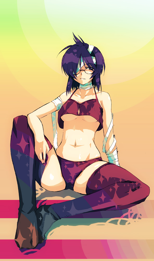 puyo (puyotopia), original, 1girl, bandages, breasts, female focus, glasses, gradient background, large breasts, simple background, solo, thighhighs, underboob