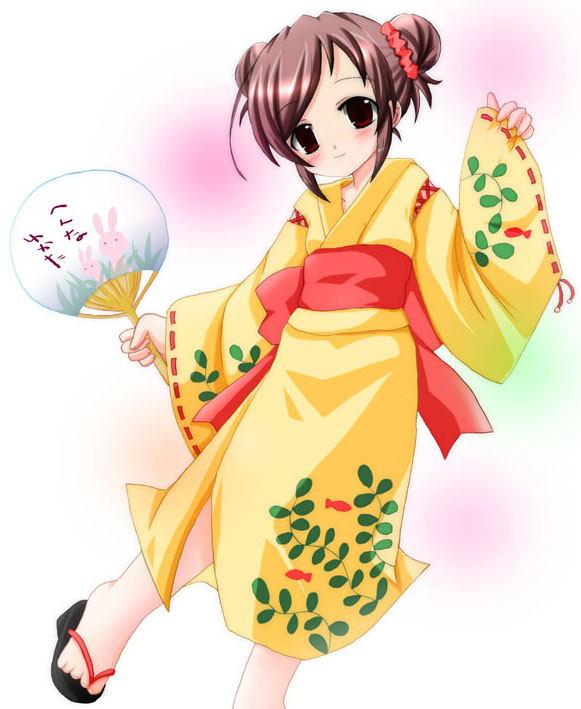 yamasaki tomoya, original, 1girl, blush, brown eyes, brown hair, double bun, feet, female focus, fish, full body, hair bun, hand fan, japanese clothes, kimono, looking at viewer, no socks, obi, paper fan, red eyes, sandals, sash, smile, solo, uchiwa, white background, yellow kimono, yukata, zouri