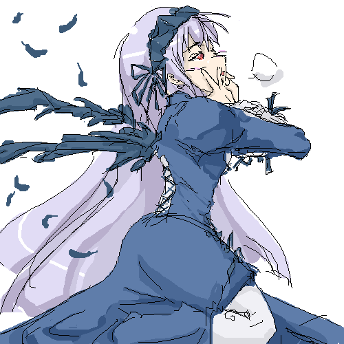 suigintou, rozen maiden, silver hair, lowres, 00s, blush, cross-laced clothes, cross-laced dress, falling feathers, feathers, layered sleeves, oekaki, red eyes, solo, wings