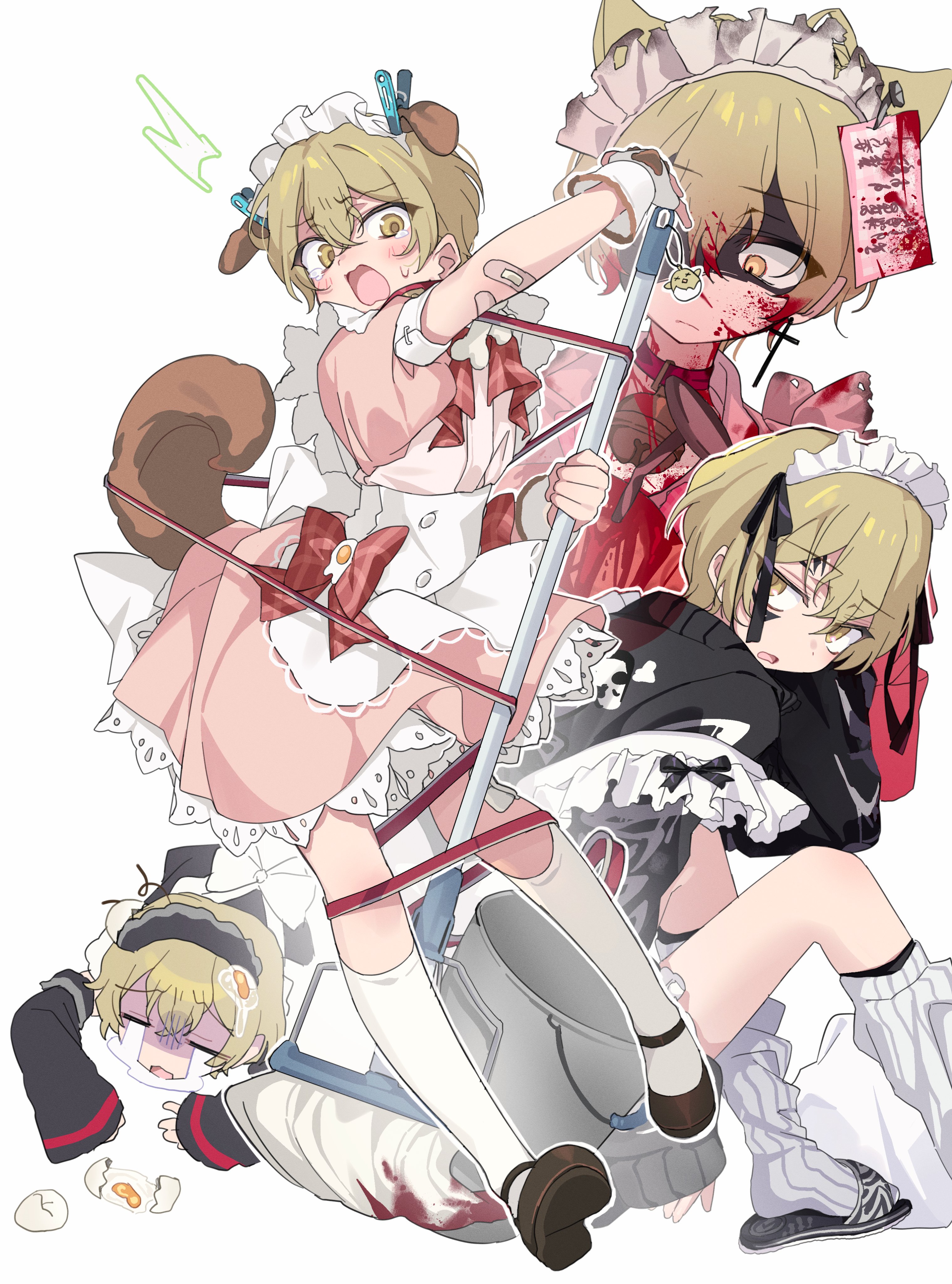 sinclair (project moon), limbus company, project moon, absurdres, highres, 1boy, alternate costume, animal ears, apron, bell, blonde hair, blush, bound, bow, cat boy, cat ears, crossdressing, crossdressing (mtf), dog boy, dog ears, dog tail, dress, fingerless gloves, full body, gloves, leg warmers, looking at viewer, maid, maid apron, maid headdress, male focus, male maid, manic rabbits, multiple views, neck bell, open mouth, pink dress, red bow, short hair, simple background, socks, solo, standing, tail, tied up (nonsexual), upper body, white apron, white background, white gloves, white leg warmers, white socks, yellow eyes