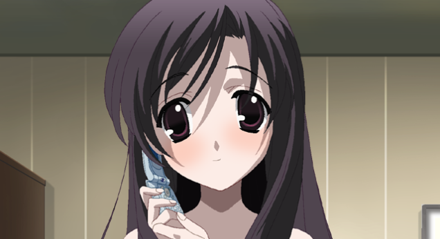 katsura kotonoha, 0verflow, school days, anime screenshot, game cg, 00s, 1girl, blush, cellphone, female focus, phone, solo