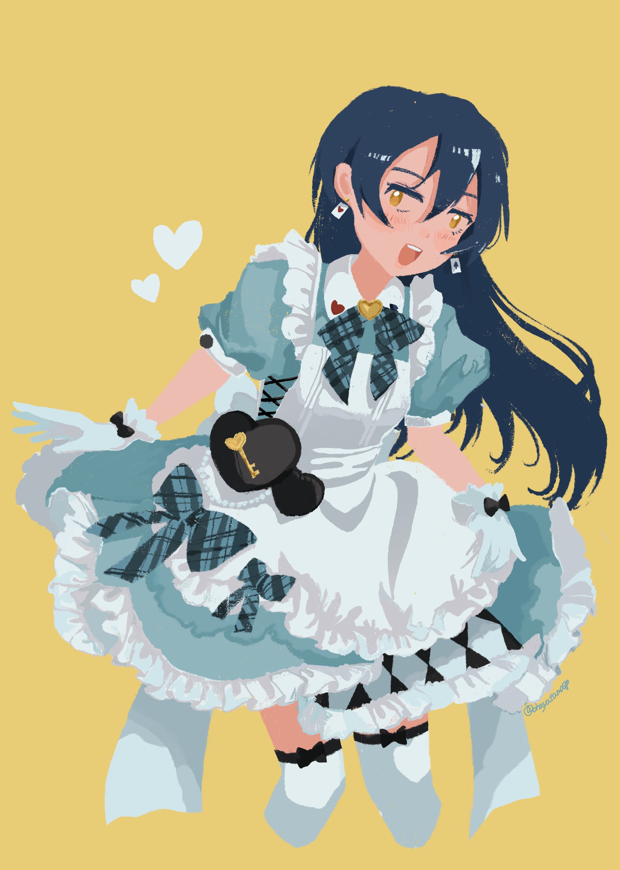 ohayo tamago, sonoda umi, love live!, love live! school idol project, absurdres, highres, 1girl, :d, apron, blue bow, blue bowtie, blue dress, blue hair, blush, bow, bowtie, cropped legs, dress, earrings, gloves, hair between eyes, heart, jewelry, key, long hair, looking to the side, maid, no lineart, open mouth, plaid bow, plaid bowtie, plaid clothes, playing card earrings, puffy short sleeves, puffy sleeves, short sleeves, sideways glance, simple background, smile, solo, standing, teeth, thighhighs, upper teeth only, white apron, white gloves, white thighhighs, yellow background, yellow eyes