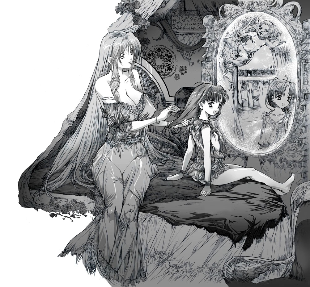 q azieru, 2girls, absurdly detailed composition, age difference, angel, angel wings, bare shoulders, barefoot, bed, bracelet, breasts, camisole, chair, cleavage, comb, covered erect nipples, dress, flat chest, flower, greyscale, hairdressing, huge breasts, jewelry, large breasts, lingerie, loaded interior, loli, long hair, looking at viewer, mature female, mirror, monochrome, mother and daughter, multiple girls, nightgown, nipples, panties, see-through clothes, sideboob, simple background, size difference, underwear, very long hair, white background, wings