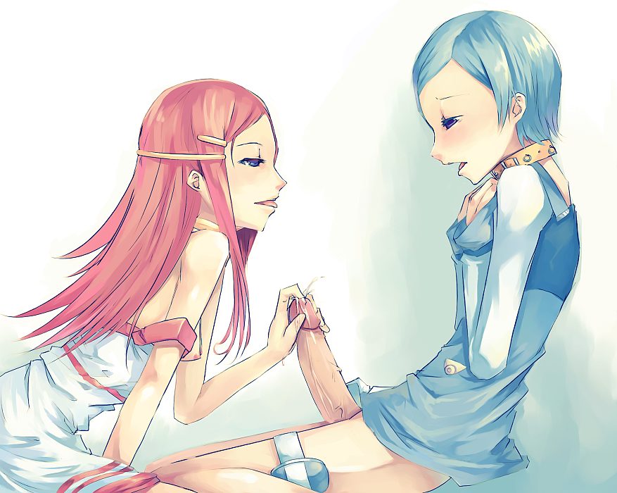 anemone (eureka seven), eureka (eureka seven), eureka seven, eureka seven (series), 00s, 1futa, 1girl, breasts, cum, erection, from side, futa with female, futanari, futasub, half-closed eyes, handjob, multiple girls, nipples, no testicles, penis, sitting, small breasts, thigh strap, uncensored, urethral fingering, urethral insertion