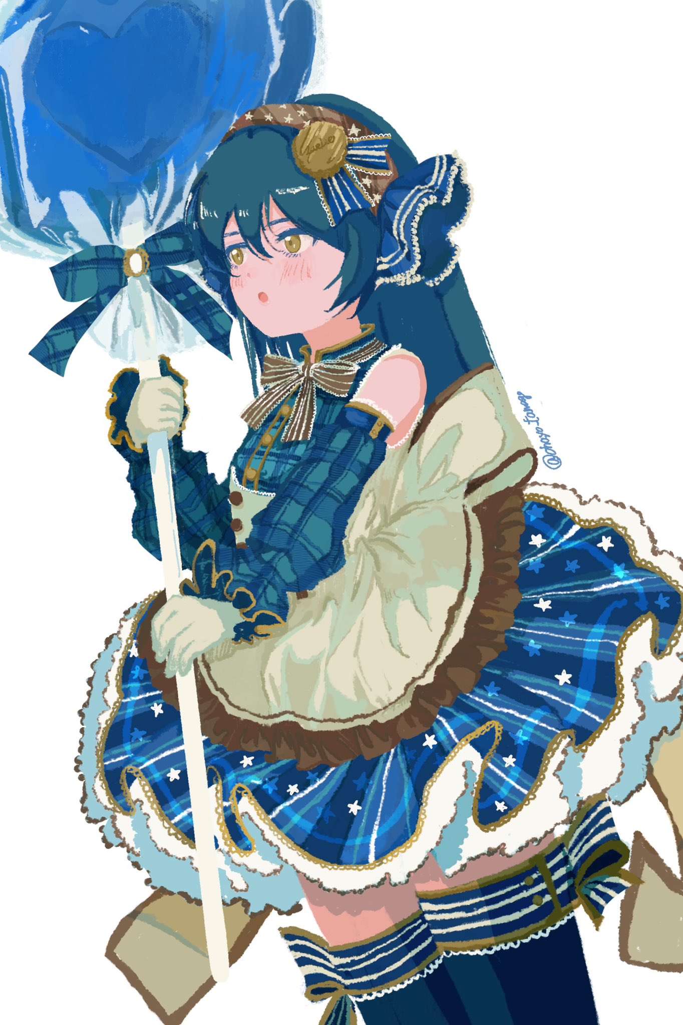 ohayo tamago, sonoda umi, love live!, love live! school idol project, highres, 1girl, :o, blue dress, blue hair, blue sleeves, blush, cowboy shot, detached sleeves, dress, dutch angle, from side, hair between eyes, hairband, holding, holding staff, long hair, looking ahead, no lineart, plaid clothes, plaid sleeves, simple background, solo, staff, standing, thighhighs, twitter username, white background, yellow eyes, zettai ryouiki