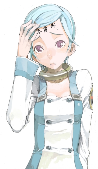 fakepucco, eureka (eureka seven), eureka seven, eureka seven (series), translated, 00s, 1girl, body writing, female focus, forehead, simple background, solo