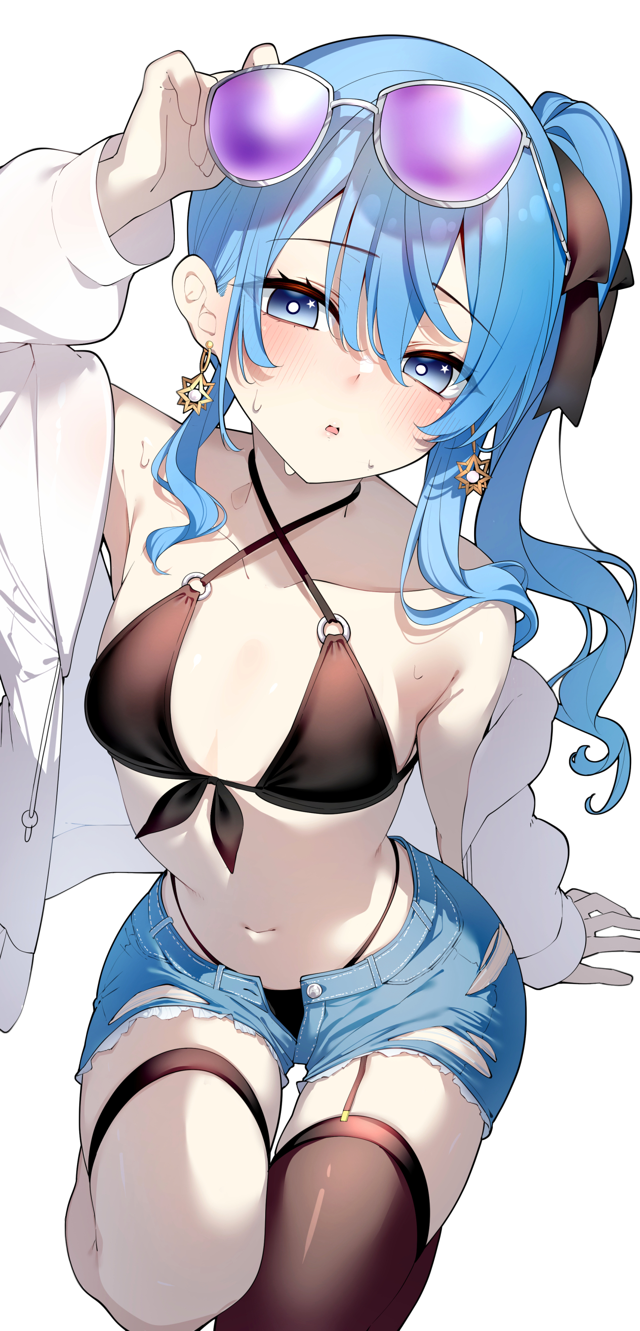 darjeeling (reley), hoshimachi suisei, hololive, absurdres, commentary, highres, symbol-only commentary, 1girl, alternate costume, arm up, bikini, bikini under shorts, black bikini, black ribbon, black thighhighs, blue eyes, blue hair, blue shorts, breasts, cleavage, criss-cross halter, denim, denim shorts, double-parted bangs, earrings, eyewear on head, front-tie bikini top, front-tie top, garter straps, hair between eyes, hair ribbon, halterneck, jacket, jacket over swimsuit, jewelry, long hair, looking at viewer, multi-strapped bikini bottom, navel, open clothes, open fly, open jacket, open mouth, parted lips, purple-tinted eyewear, ribbon, short shorts, shorts, side ponytail, sidelocks, simple background, single garter strap, single thighhigh, solo, star (symbol), star in eye, sunglasses, sweatdrop, swimsuit, symbol in eye, thigh strap, thighhighs, tinted eyewear, torn clothes, torn shorts, virtual youtuber, white-framed eyewear, white background, white jacket, white thighhighs
