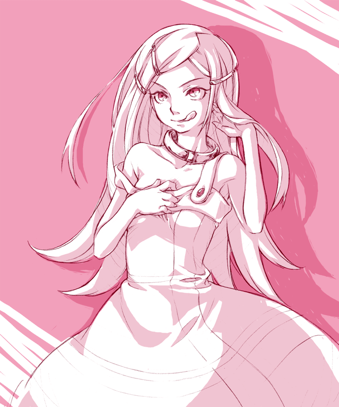 anemone (eureka seven), eureka seven, eureka seven (series), 00s, 1girl, collar, dress, female focus, monochrome, pink background, pink theme, solo, tongue
