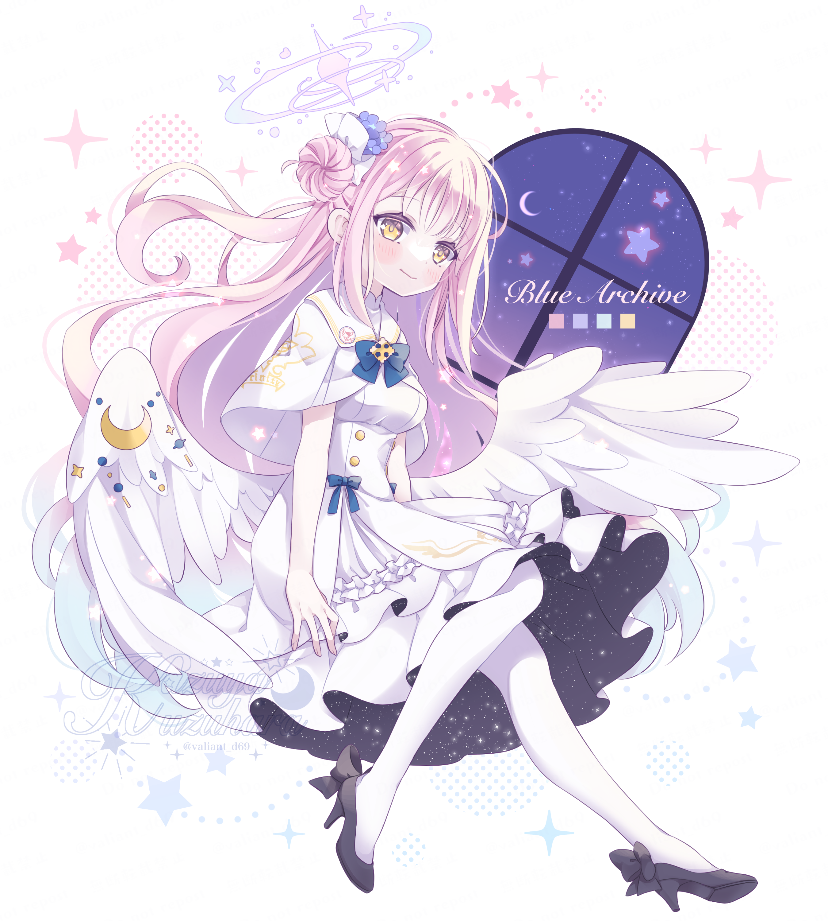 kuzuhara kazuya, mika (blue archive), blue archive, absurdres, highres, 1girl, angel wings, blue bow, blue bowtie, bow, bowtie, breasts, buttons, capelet, closed mouth, double-breasted, dress, feathered wings, frilled dress, frills, hair bun, halo, high-waist skirt, high heels, long hair, low wings, medium breasts, medium dress, open mouth, pantyhose, pink hair, pink halo, pumps, scrunchie, single hair bun, single side bun, skirt, sleeveless, sleeveless dress, smile, solo, very long hair, white capelet, white dress, white pantyhose, white skirt, white wings, wing ornament, wings, wrist scrunchie, yellow eyes