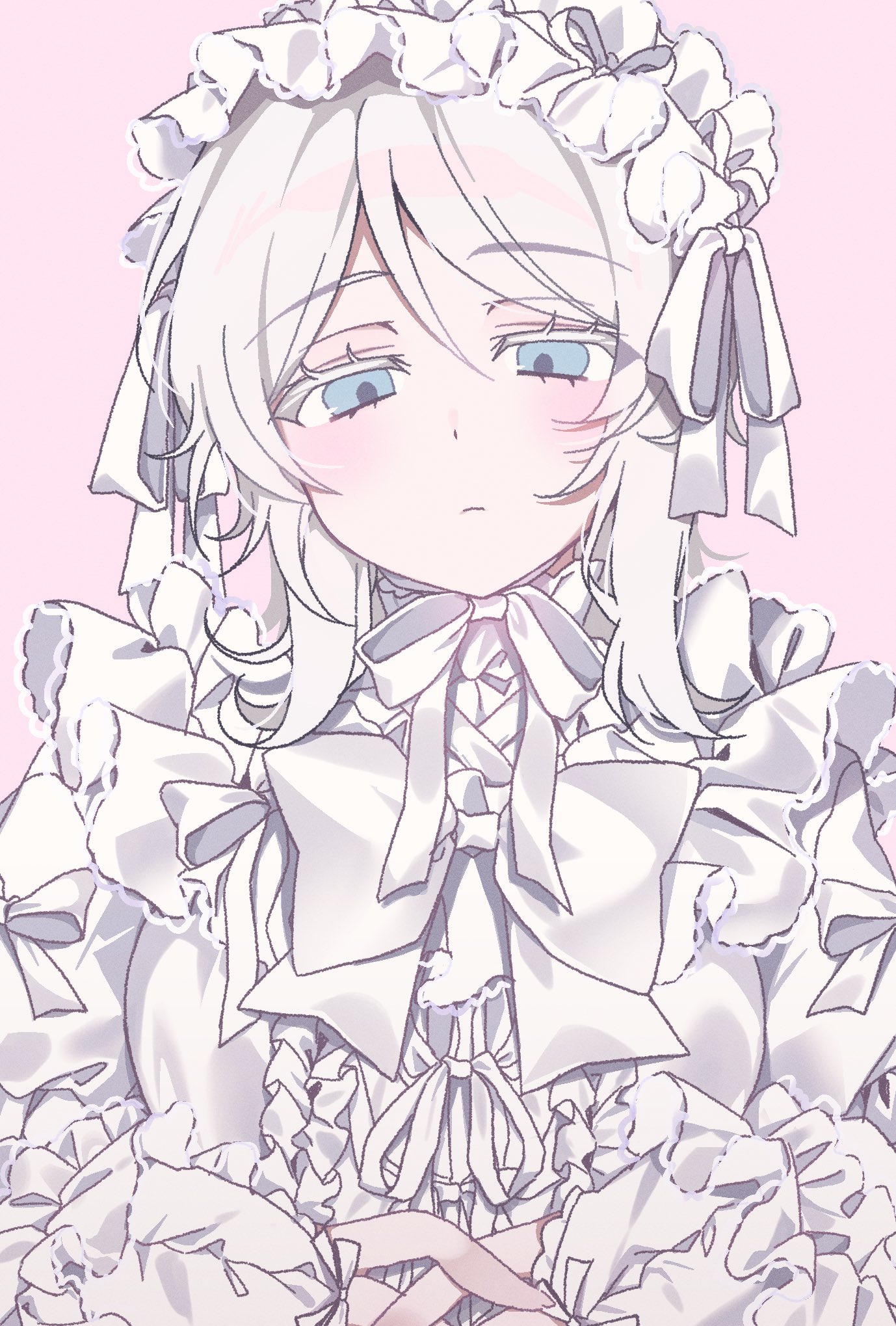 faust (project moon), limbus company, project moon, highres, 1girl, alternate costume, blue eyes, bow, closed mouth, dress, looking at viewer, maid headdress, manic rabbits, pink background, ribbon, short hair, simple background, solo, upper body, white bow, white dress, white hair, white ribbon