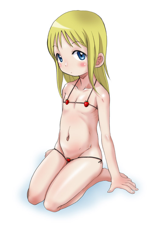 ana coppola, ichigo mashimaro, artist request, 1girl, barefoot, bikini, blonde hair, blue eyes, blush, female focus, flat chest, food, food-themed clothes, fruit, full body, groin, kneeling, loli, long hair, lowleg, lowleg bikini, micro bikini, navel, red bikini, ribs, seiza, side-tie bikini bottom, simple background, sitting, solo, strawberry, swimsuit, white background