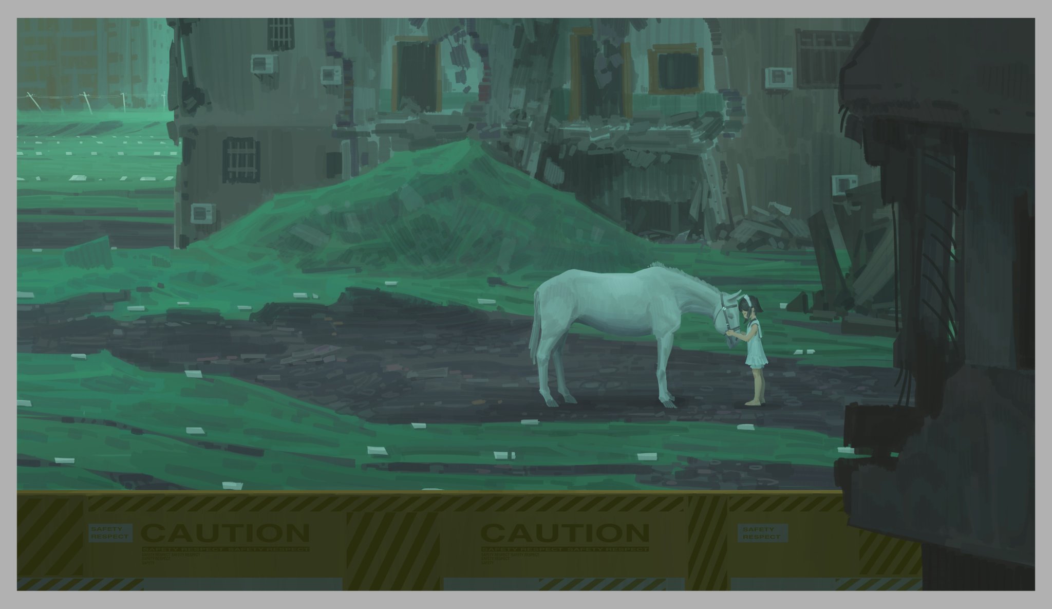 original, commentary, english commentary, highres, 1girl, animal, black hair, border, bridle, building, caution, dress, heads together, horse, maid headdress, outdoors, ruins, scenery, shanchi, shorts, shorts under skirt, sidelocks, standing, white border, white dress, white horse, wide shot