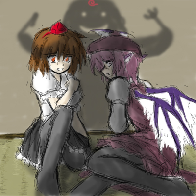 mystia lorelei, saigyouji yuyuko, shameimaru aya, touhou, black legwear, lowres, 2girls, bird, chicken, female focus, hat, multiple girls, ominous shadow, pantyhose, scared, sketch, tokin hat, you gonna get raped