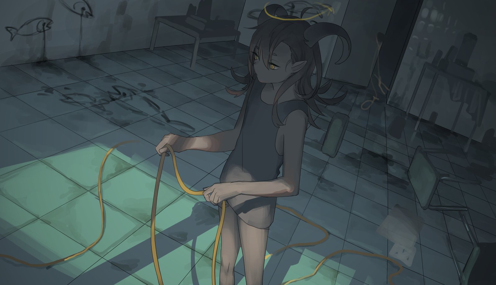 tensen (dotted line), original, highres, 1other, androgynous, black hair, dark skin, demon horns, door, drawing (object), floor, hair between eyes, halo, holding, holding string, horns, indoors, long hair, other focus, pointy ears, shadow, standing, string, table, tile floor, tiles, yellow eyes