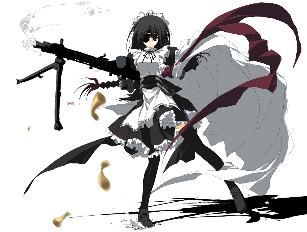 suzuri, suzuri (tennenseki), n12 (moekan), moekan, owari no chronicle, 1girl, combat maid, double-drum magazine, drum magazine, eyepatch, female focus, gun, high-capacity magazine, machine gun, magazine (weapon), maid, mg 42, saddle-drum, shell casing, smoke, smoking barrel, solo, thighhighs, weapon