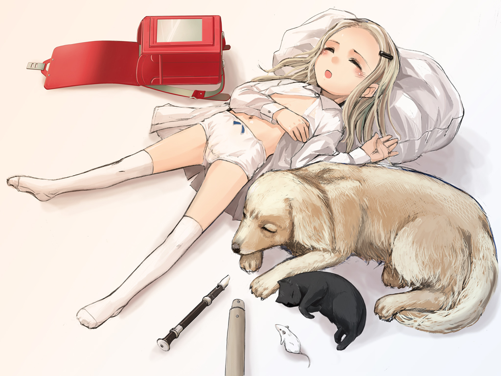 sody, original, 1girl, animal, backpack, bag, bow, bow panties, cat, dog, feet, female focus, flute, hair ornament, hairclip, instrument, loli, mouse (animal), no shoes, panties, randoseru, recorder, solo, thighhighs, underwear, white panties