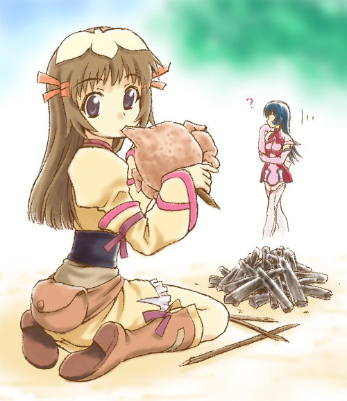 kotona elegance, re mii, zoids, zoids genesis, 00s, 2girls, ?, boots, campfire, chicken (food), confused, eating, food, knee boots, meat, multiple girls, sitting, skewer, thighhighs