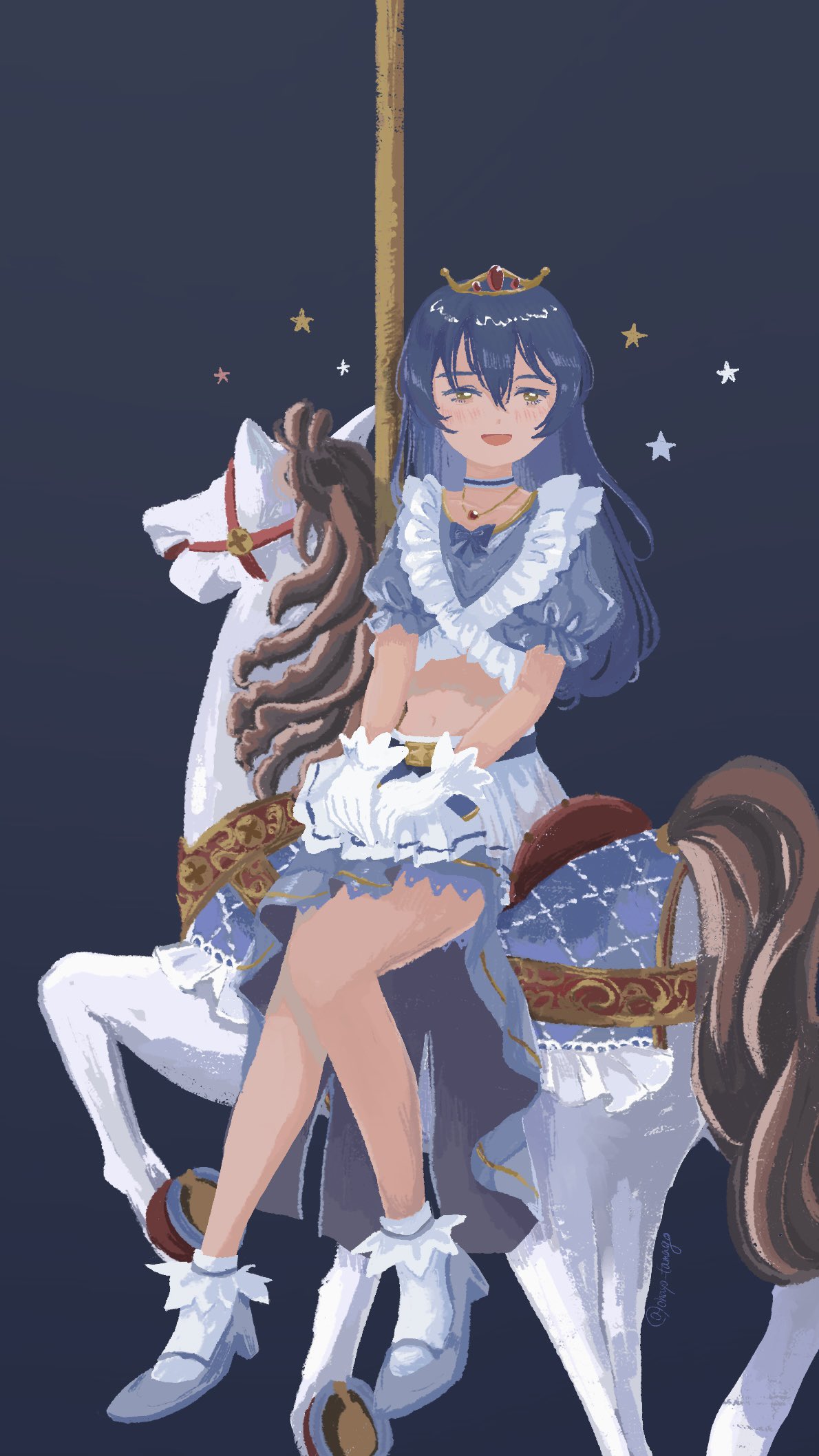 ohayo tamago, sonoda umi, love live!, love live! school idol project, highres, 1girl, blue hair, bow, carousel, choker, full body, gloves, gradient background, hands on lap, high heels, jewelry, long hair, midriff, music s.t.a.r.t!!, navel, necklace, no lineart, official alternate costume, open mouth, puffy short sleeves, puffy sleeves, short sleeves, sitting, smile, socks, solo, star (symbol), tiara, white gloves, white socks, yellow eyes