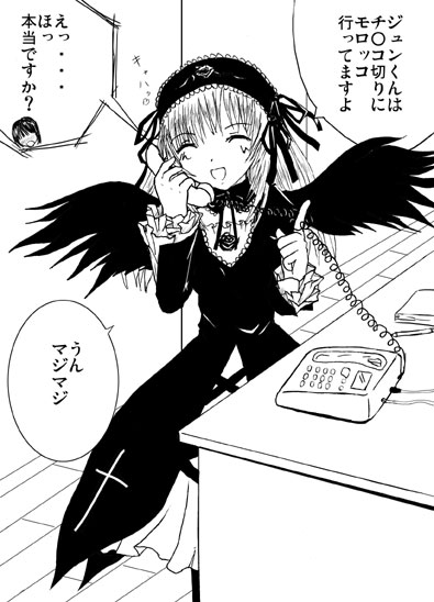 suigintou, rozen maiden, 00s, 1girl, comic, detached collar, dress, female focus, flower, frills, gothic lolita, greyscale, hairband, index finger raised, lolita fashion, long hair, monochrome, phone, rose, solo, speech bubble, wings, wooden floor