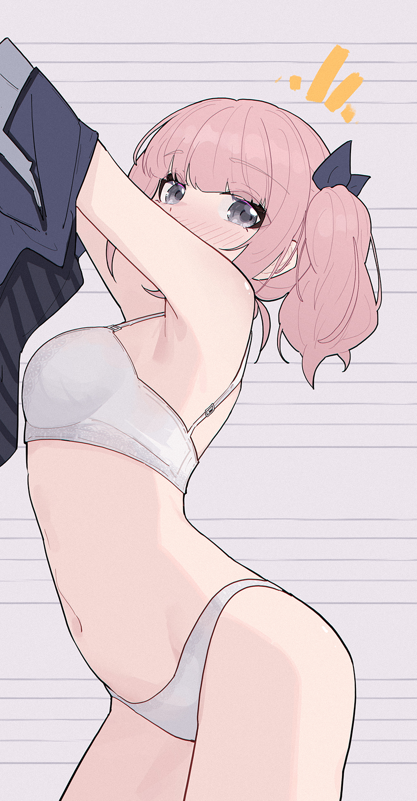 yun cao bing, hina (girls band cry), girls band cry, chinese commentary, commentary request, highres, 1girl, blush, bra, breasts, grey background, grey eyes, medium breasts, navel, panties, pink hair, short hair, short twintails, solo, stomach, twintails, underwear, undressing, white bra, white panties