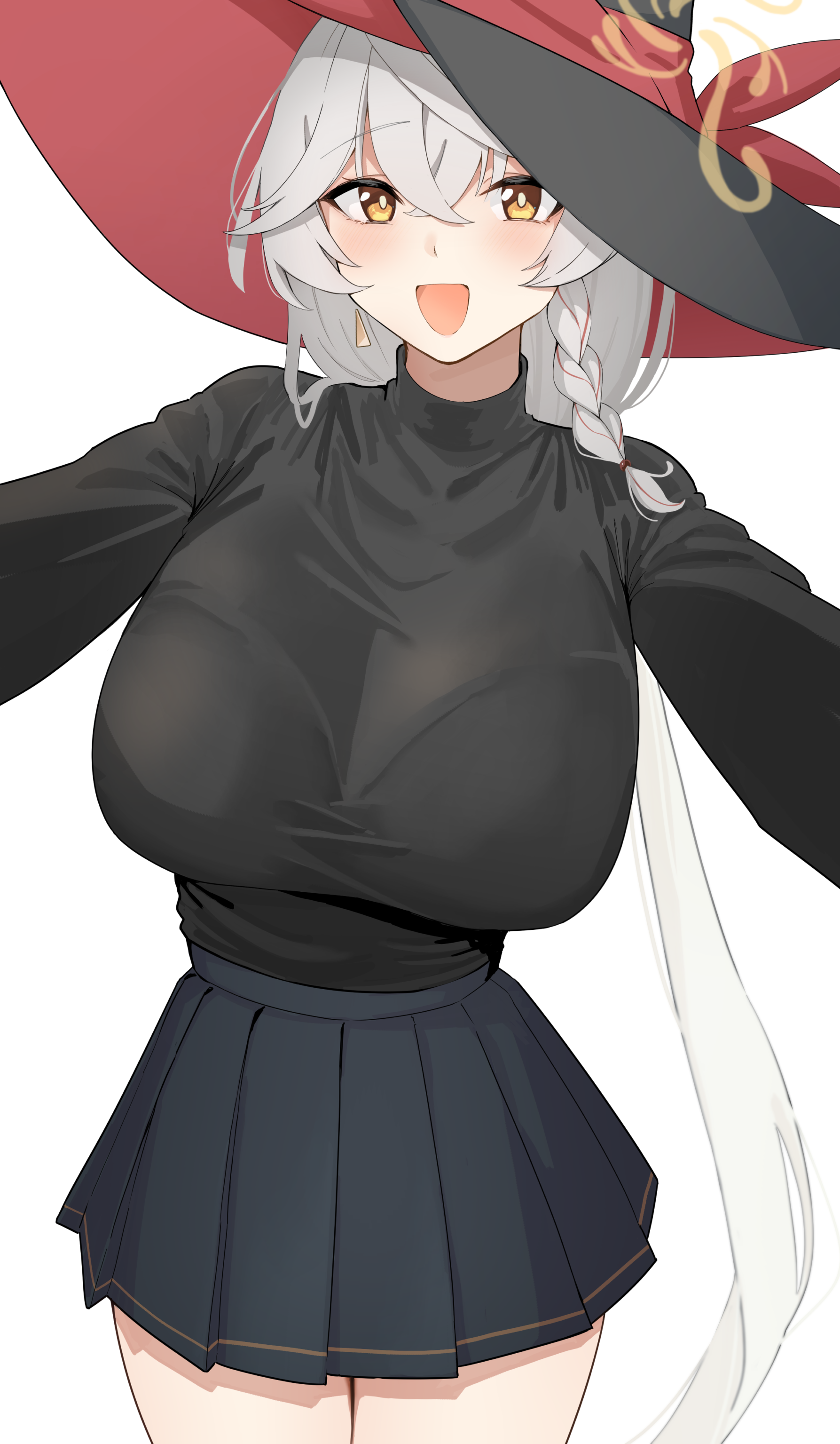 shinroji, eri (blue archive), blue archive, absurdres, commentary request, highres, 1girl, :d, black hat, black skirt, braid, breasts, grey hair, hat, large breasts, long hair, looking at viewer, open mouth, pleated skirt, simple background, single braid, skirt, smile, solo, white background, witch hat, yellow eyes