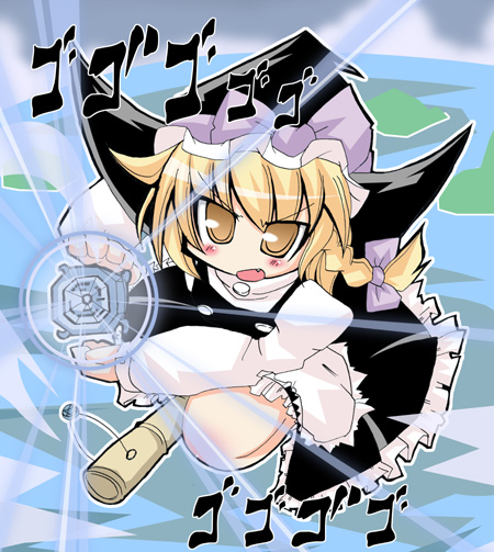 muuba, kirisame marisa, touhou, 1girl, black hat, blonde hair, blush, bow, braid, broom, broom riding, brown eyes, female focus, hair bow, hat, single braid, solo, witch hat