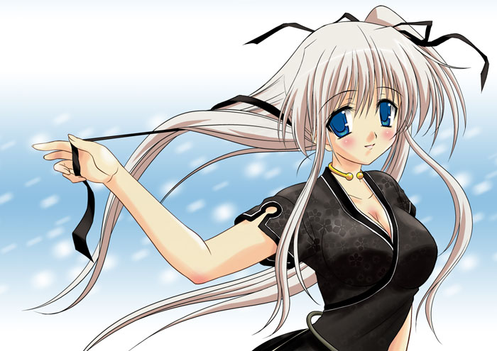 sata (sat), nao (mabinogi), mabinogi, untied, 1girl, blue eyes, blush, breasts, china dress, chinese clothes, choker, cleavage, dress, female focus, hair ribbon, long hair, ribbon, smile, solo, twintails, white hair