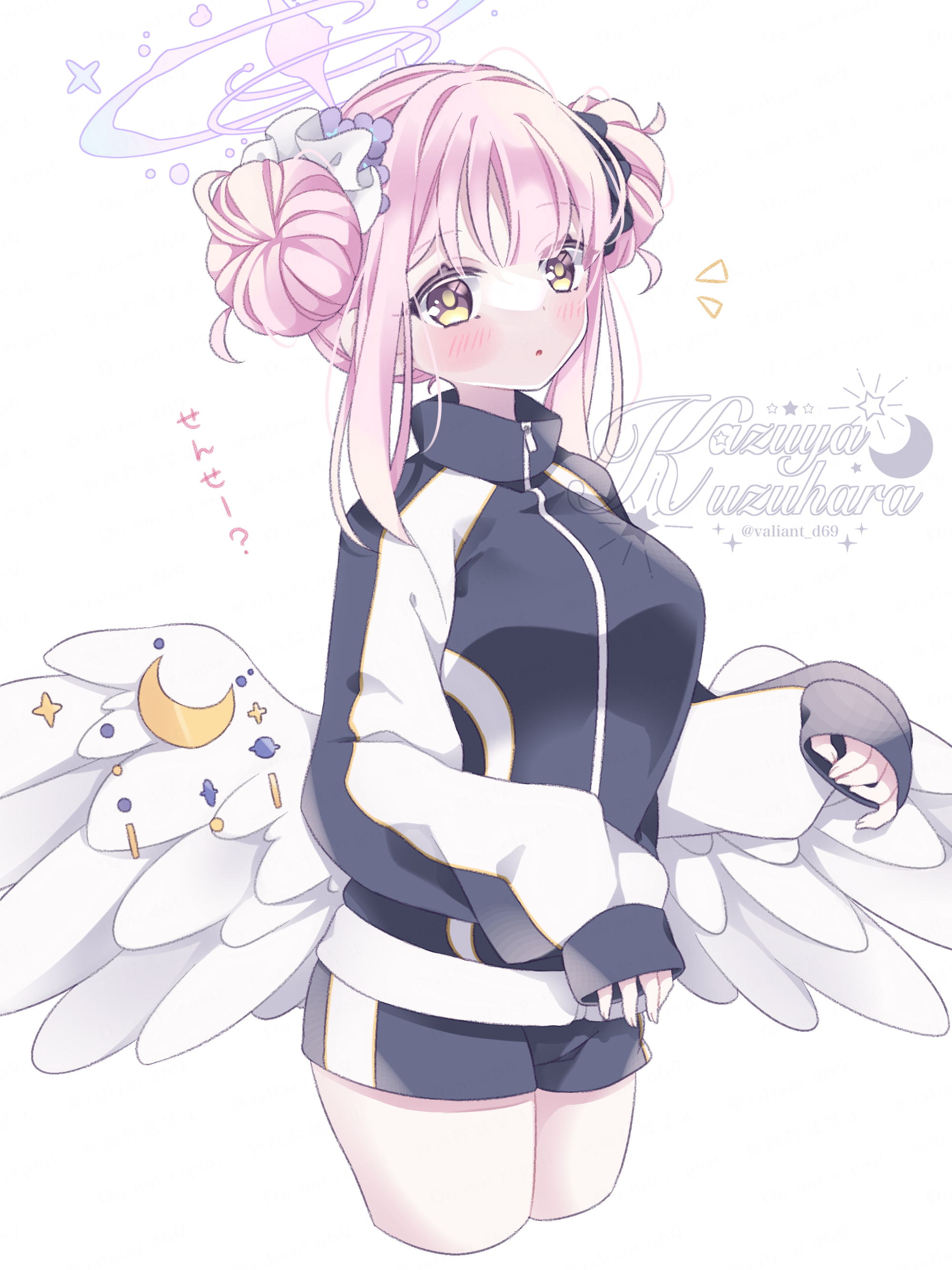 kuzuhara kazuya, mika (blue archive), blue archive, absurdres, highres, 1girl, alternate costume, alternate hairstyle, angel wings, blue bow, blush, bow, double bun, feathered wings, hair bun, halo, long sleeves, looking at viewer, low wings, medium hair, open mouth, pink hair, pink halo, sleeves past wrists, white wings, wing ornament, wings