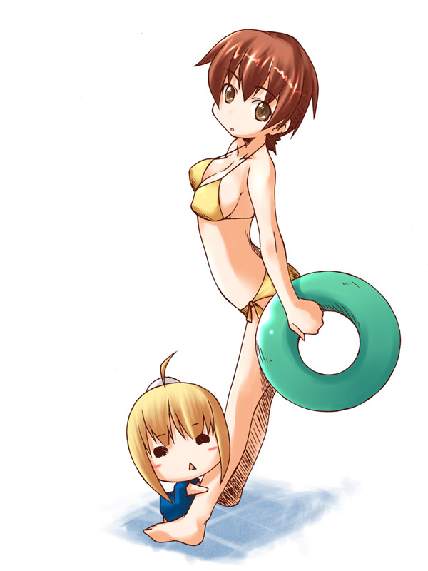 akane yuki, artoria pendragon (fate), fujimura taiga, saber (fate), fate/stay night, fate (series), 00s, 2girls, alternate costume, bikini, blonde hair, breasts, brown eyes, brown hair, chibi, holding, holding swim ring, innertube, large breasts, multiple girls, sideboob, swim ring, swimsuit