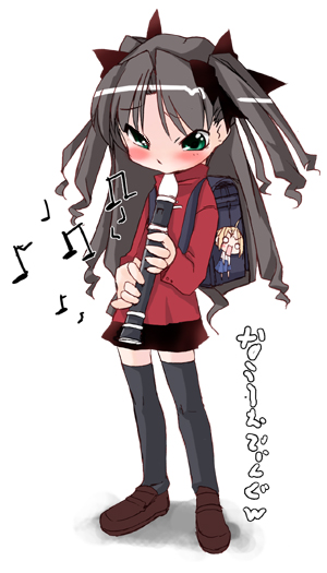 aka ume, artoria pendragon (fate), saber (fate), tohsaka rin, fate/stay night, fate (series), 00s, 1girl, bag, black thighhighs, blush, brown shoes, female focus, flute, holding, holding flute, holding instrument, instrument, recorder, school bag, shoes, solo, thighhighs, two side up, zettai ryouiki