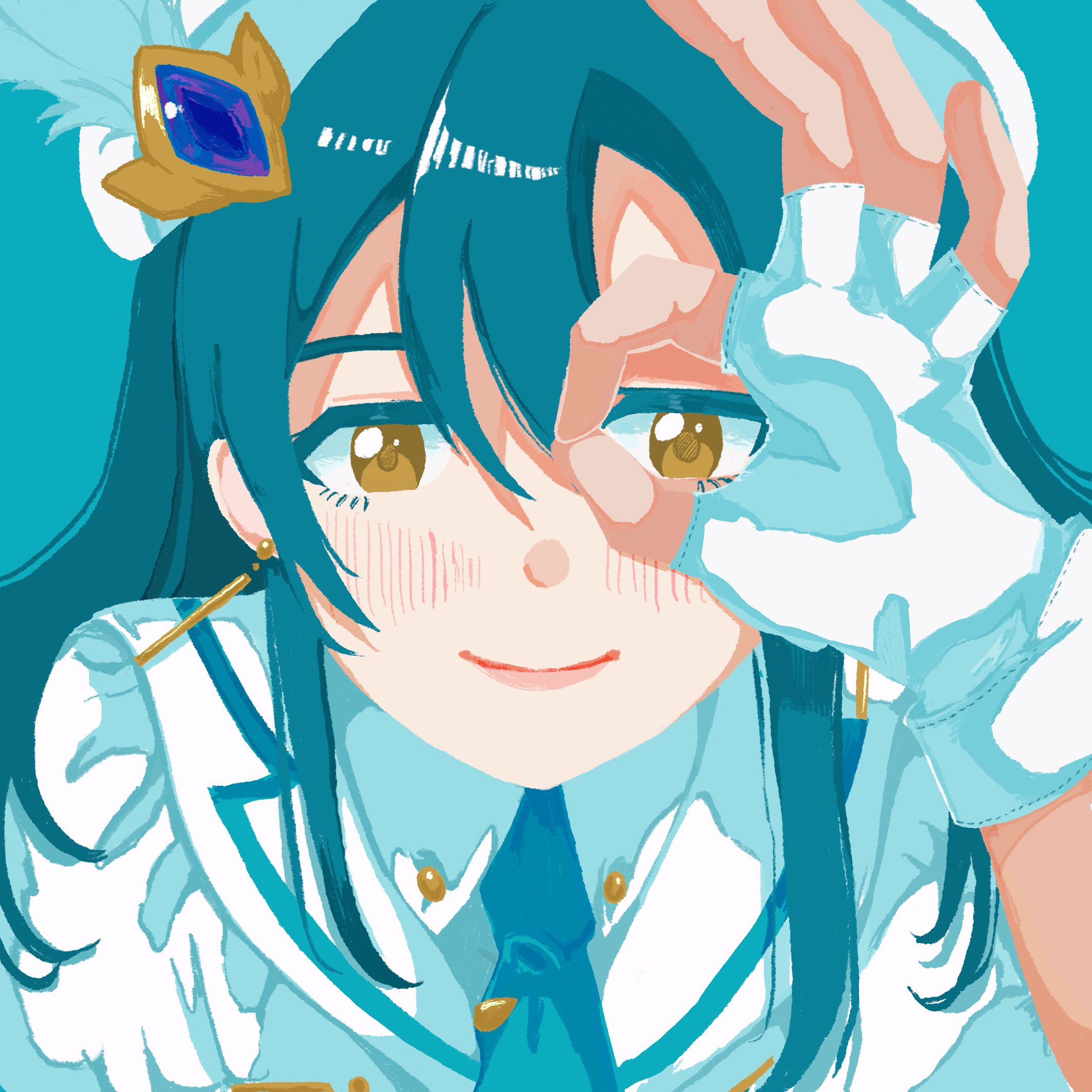 ohayo tamago, sonoda umi, love live!, love live! school idol project, highres, 1girl, arm up, blue background, blue hair, blush, closed mouth, earrings, fingerless gloves, gloves, hair between eyes, jewelry, lips, long hair, looking at viewer, looking through fingers, no lineart, portrait, simple background, smile, solo, star (symbol), white gloves, yellow eyes