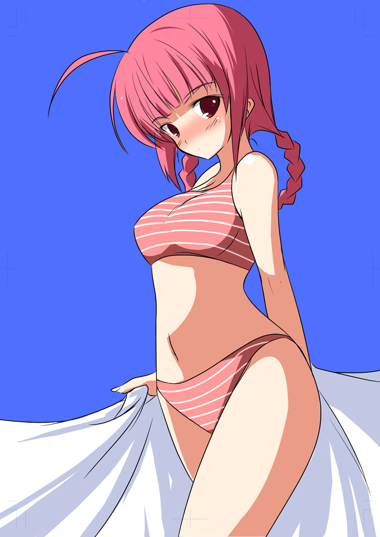 shijou sadafumi, original, 1girl, ahoge, bikini, blush, braid, braided hair rings, breasts, closed mouth, dot mouth, female focus, hair rings, pink bikini, pink eyes, pink hair, simple background, solo, striped bikini, striped clothes, swimsuit, thighs, twin braids