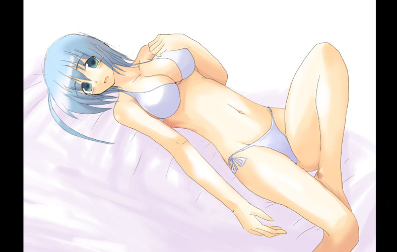 ment, original, 1girl, ahoge, bikini, blue hair, female focus, green eyes, lying, short hair, side-tie bikini bottom, solo, swimsuit, white bikini