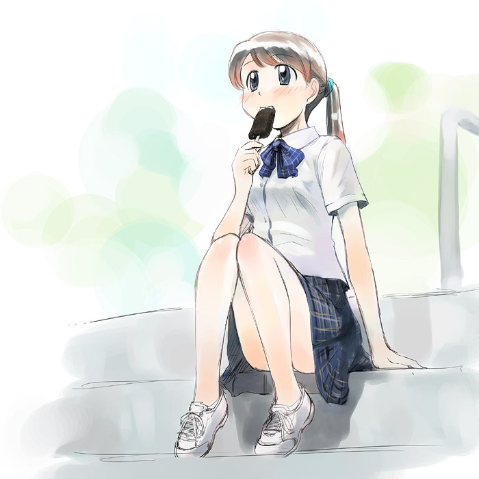 ikeda jun (mizutamari), original, 1girl, bow, bowtie, brown hair, eating, female focus, food, grey eyes, knees together feet apart, plaid bow, plaid bowtie, plaid clothes, plaid skirt, ponytail, popsicle, school uniform, serafuku, shoes, sitting, sitting on stairs, skirt, solo, stairs, white shoes