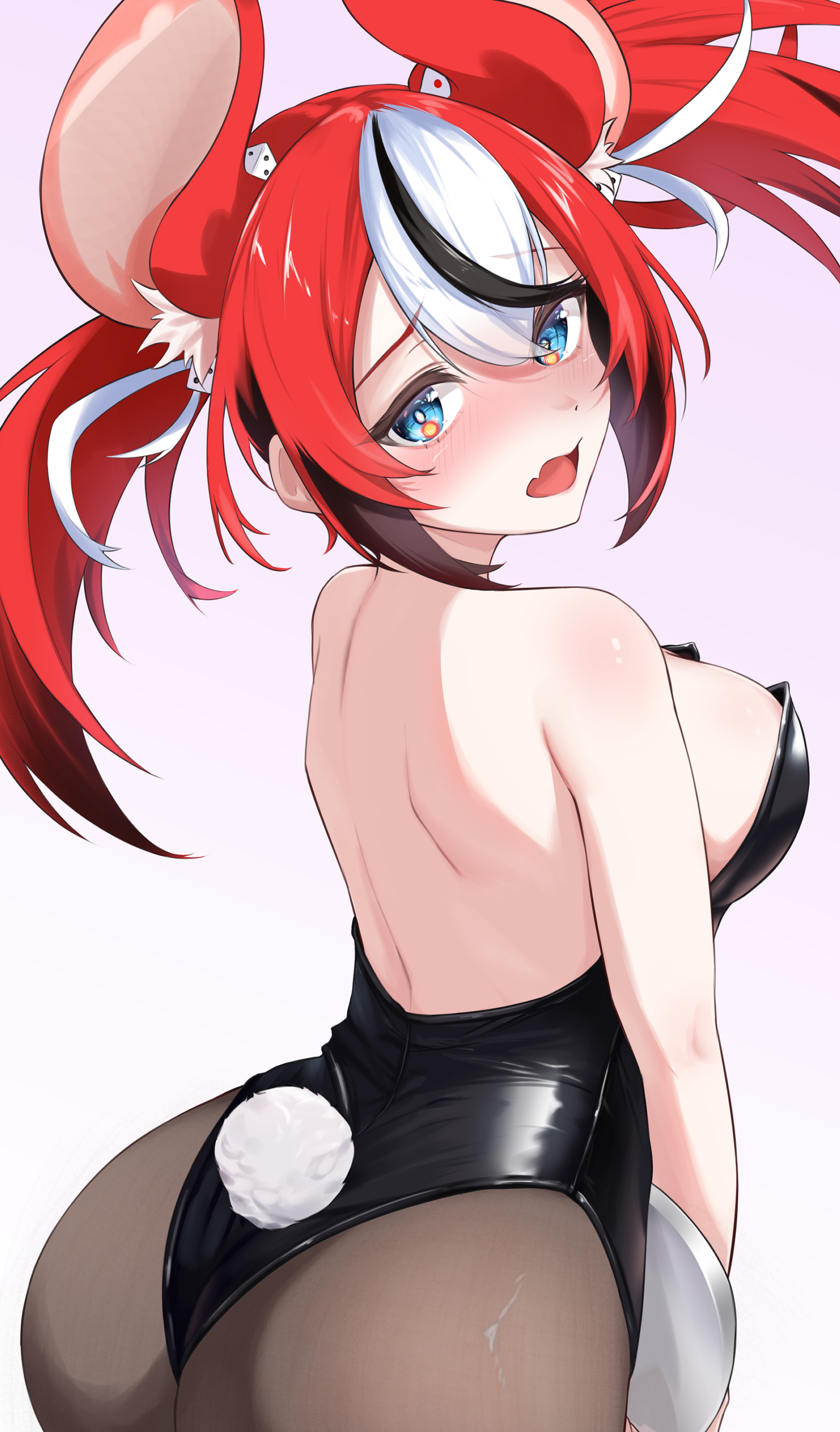 ilie ilie, hakos baelz, hololive, hololive english, absurdres, commentary request, highres, 1girl, animal ears, ass, backless leotard, bare shoulders, black hair, black leotard, blue eyes, blush, breasts, colored tips, dice hair ornament, double-parted bangs, extra ears, fake tail, fang, from behind, hair between eyes, hair ornament, highleg, highleg leotard, holding, holding tray, large breasts, leotard, looking at viewer, looking back, median furrow, mouse ears, mouse girl, multicolored hair, open mouth, pantyhose, playboy bunny, rabbit tail, red hair, shoulder blades, simple background, skin fang, solo, strapless, strapless leotard, streaked hair, tail, tray, twintails, uneven twintails, virtual youtuber, white hair